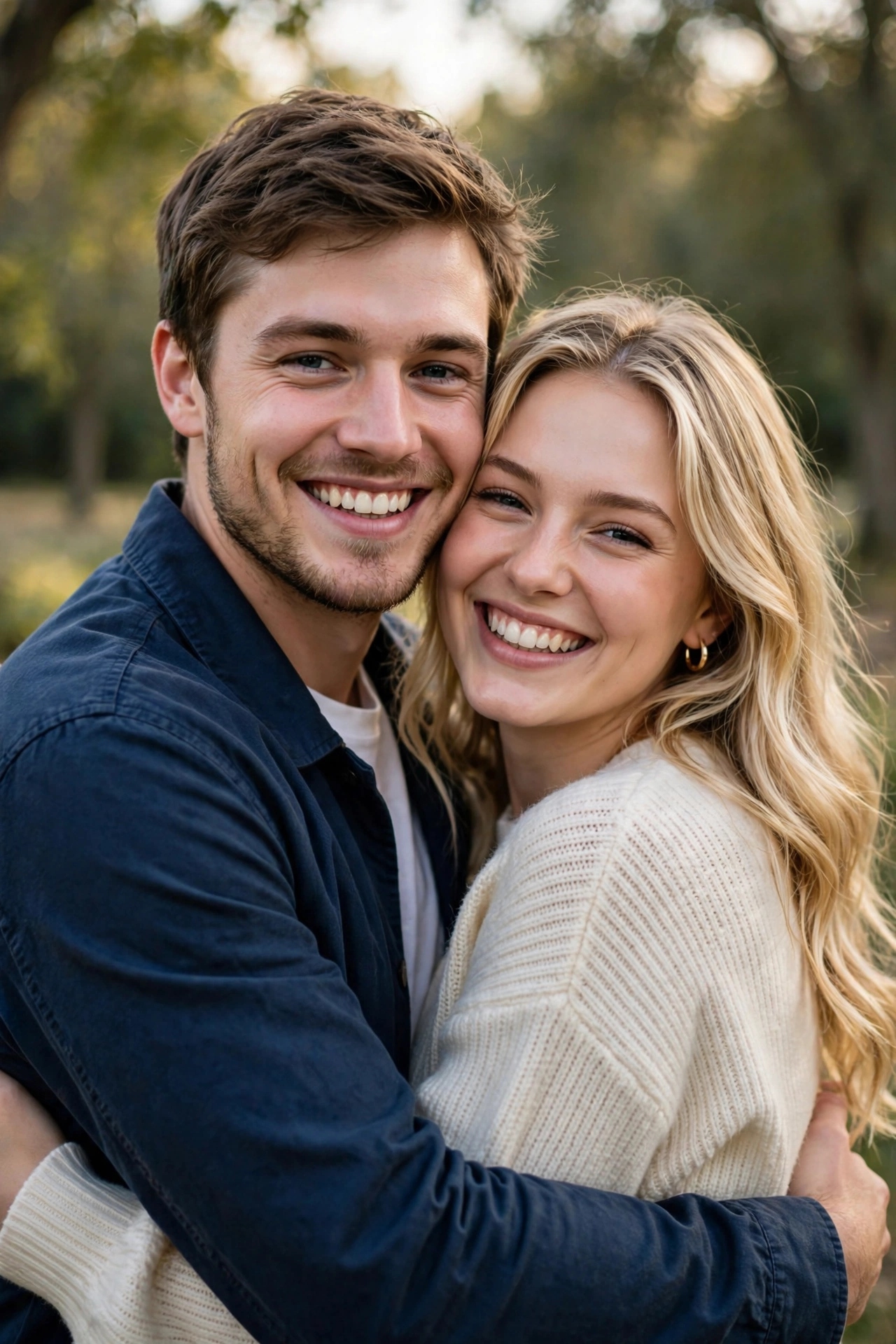 A couple embracing in golden sunlight
